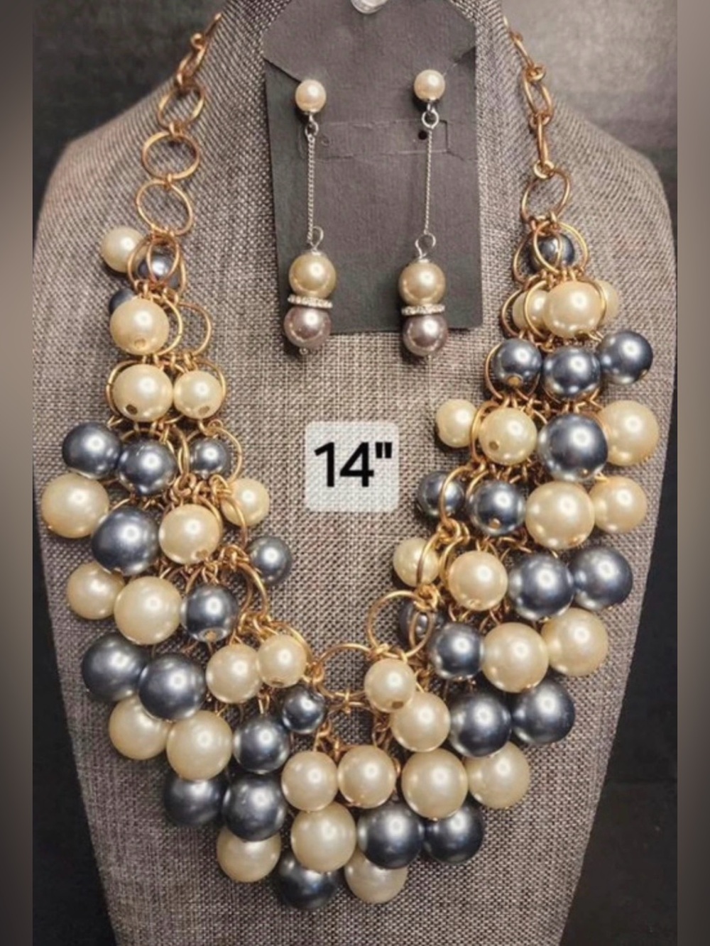 Gold Chain Statement Necklace with Cream and Gray Pearl Clusters